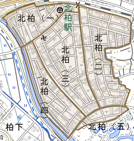 北柏とその周辺の地図。町の範囲を重ねている