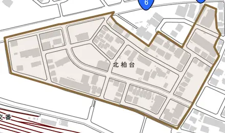 北柏台とその周辺の地図。町の範囲を重ねている