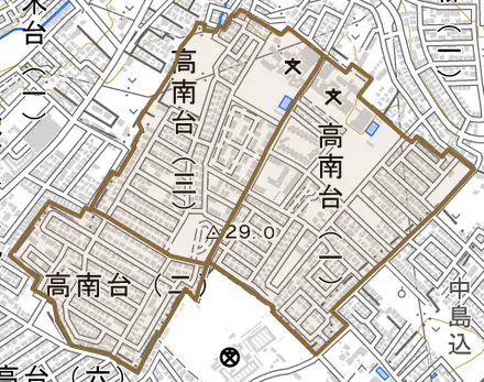 高南台とその周辺の地図。町の範囲を重ねている