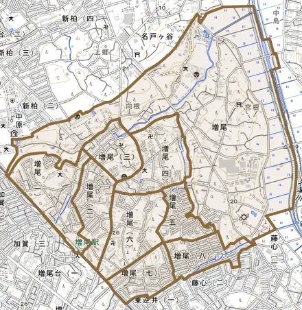 増尾とその周辺の地図。町の範囲を重ねている