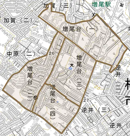 増尾台とその周辺の地図。町の範囲を重ねている