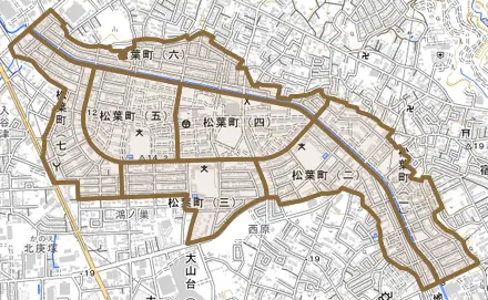 松葉町とその周辺の地図。町の範囲を重ねている