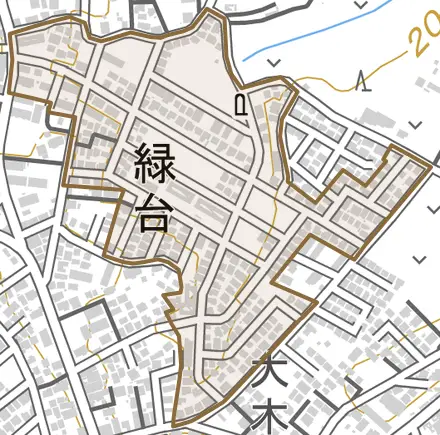緑台とその周辺の地図。町の範囲を重ねている