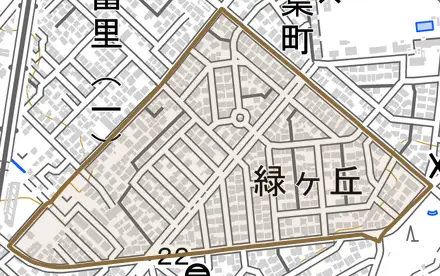緑ケ丘とその周辺の地図。町の範囲を重ねている