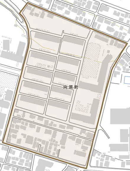 向原町とその周辺の地図。町の範囲を重ねている
