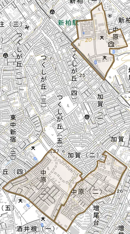 中原とその周辺の地図。町の範囲を重ねている