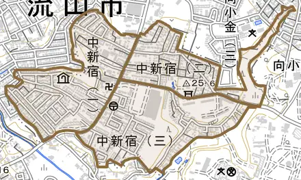 中新宿とその周辺の地図。町の範囲を重ねている