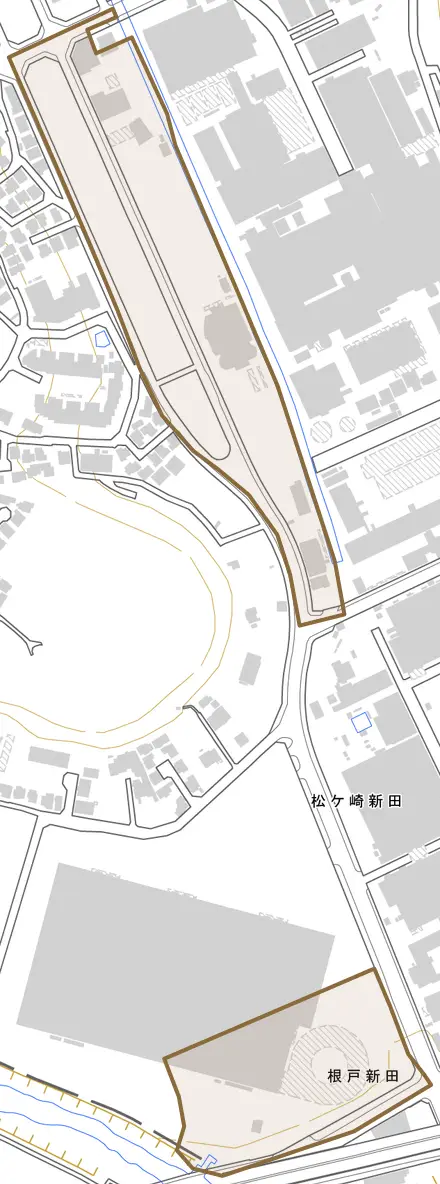 根戸新田とその周辺の地図。町の範囲を重ねている
