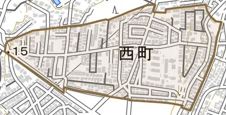 西町とその周辺の地図。町の範囲を重ねている