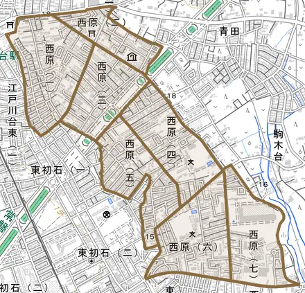 西原とその周辺の地図。町の範囲を重ねている