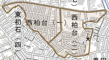 西柏台とその周辺の地図。町の範囲を重ねている