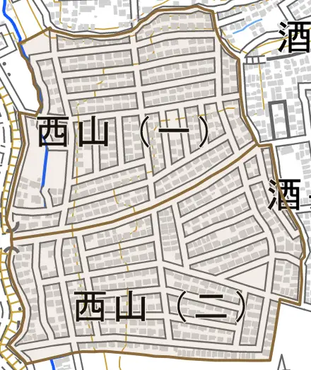西山とその周辺の地図。町の範囲を重ねている