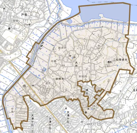 大井とその周辺の地図。町の範囲を重ねている