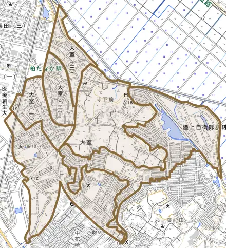 大室とその周辺の地図。町の範囲を重ねている