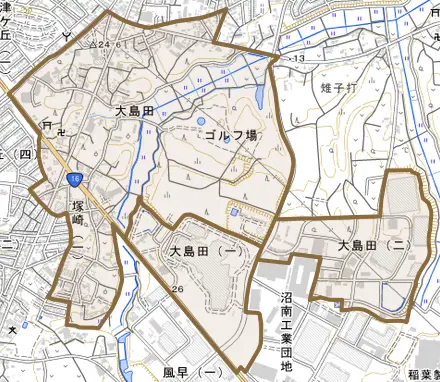 大島田とその周辺の地図。町の範囲を重ねている