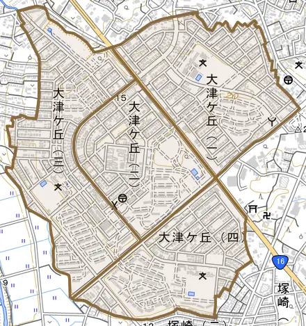 大津ケ丘とその周辺の地図。町の範囲を重ねている