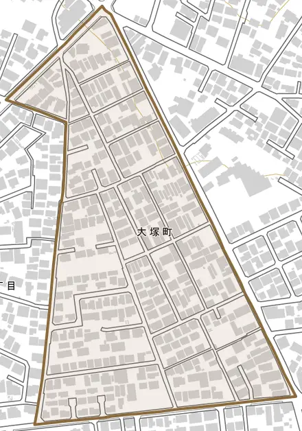 大塚町とその周辺の地図。町の範囲を重ねている