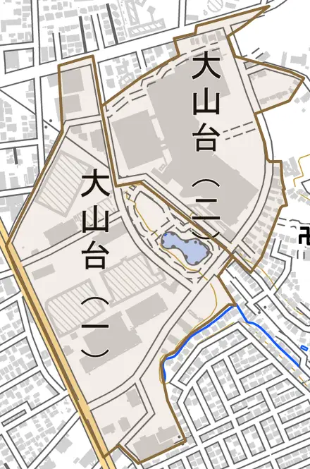 大山台とその周辺の地図。町の範囲を重ねている