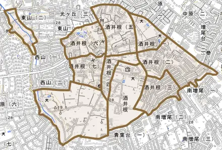 酒井根とその周辺の地図。町の範囲を重ねている