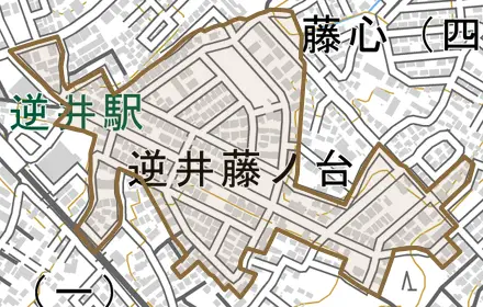 逆井藤ノ台とその周辺の地図。町の範囲を重ねている