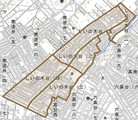 しいの木台とその周辺の地図。町の範囲を重ねている