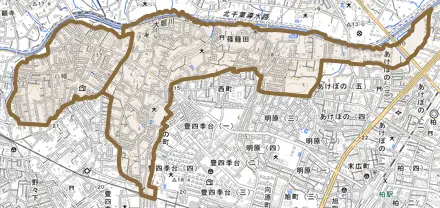 篠籠田とその周辺の地図。町の範囲を重ねている