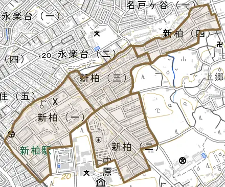 新柏とその周辺の地図。町の範囲を重ねている