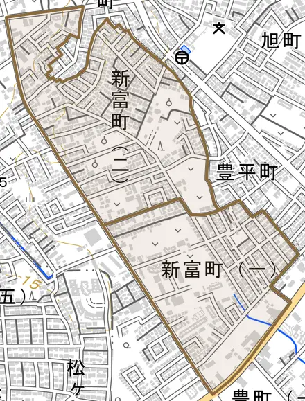 新富町とその周辺の地図。町の範囲を重ねている