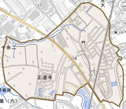 正連寺とその周辺の地図。町の範囲を重ねている