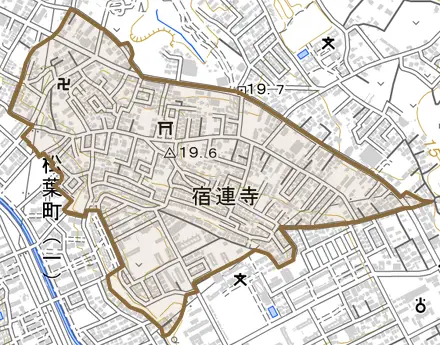 宿連寺とその周辺の地図。町の範囲を重ねている