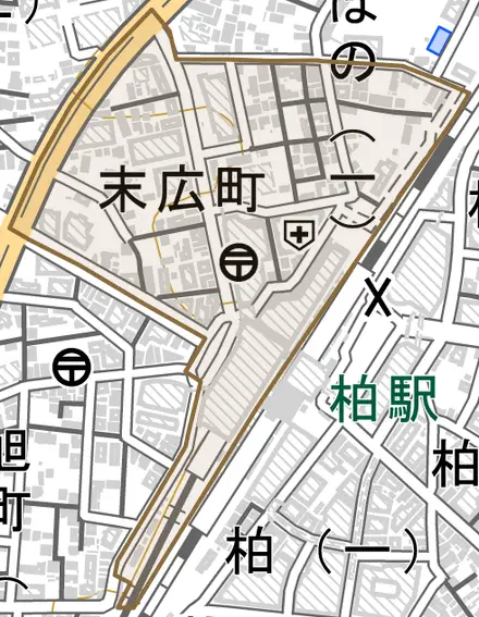 末広町とその周辺の地図。町の範囲を重ねている