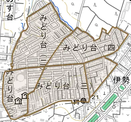 みどり台とその周辺の地図。町の範囲を重ねている