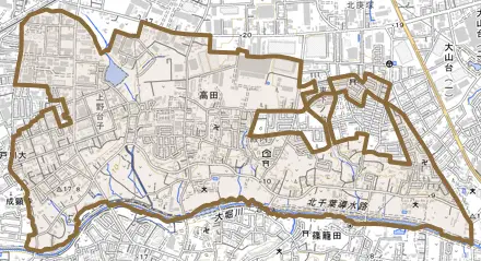 高田とその周辺の地図。町の範囲を重ねている