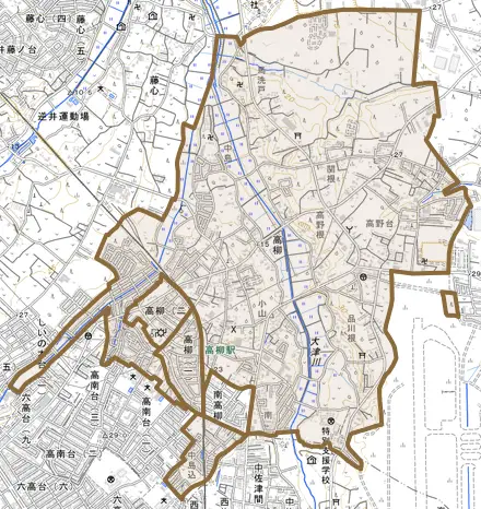 高柳とその周辺の地図。町の範囲を重ねている