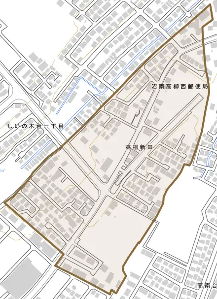 高柳新田とその周辺の地図。町の範囲を重ねている