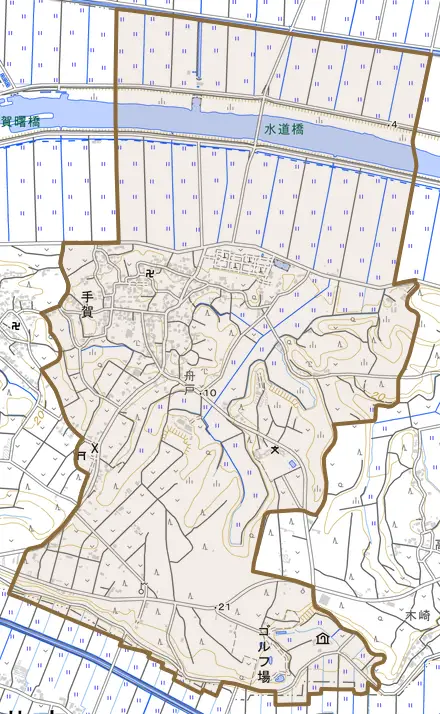 手賀とその周辺の地図。町の範囲を重ねている