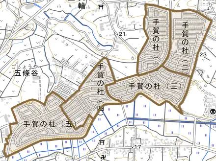 手賀の杜とその周辺の地図。町の範囲を重ねている