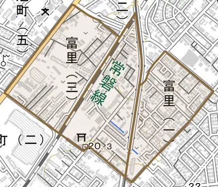 富里とその周辺の地図。町の範囲を重ねている