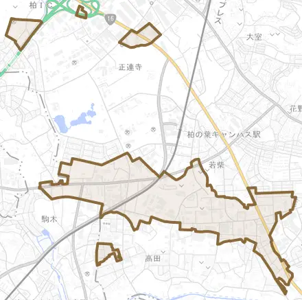 十余二とその周辺の地図。町の範囲を重ねている