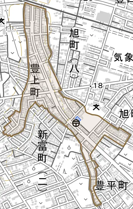 豊上町とその周辺の地図。町の範囲を重ねている