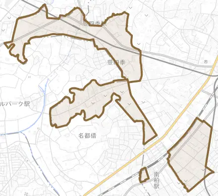 豊四季とその周辺の地図。町の範囲を重ねている