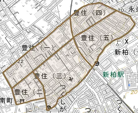 豊住とその周辺の地図。町の範囲を重ねている