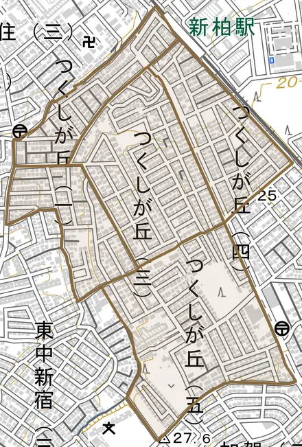 つくしが丘とその周辺の地図。町の範囲を重ねている