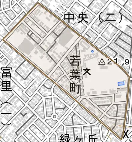 若葉町とその周辺の地図。町の範囲を重ねている