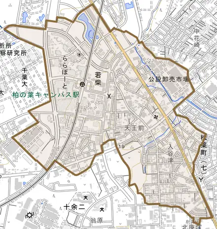 若柴とその周辺の地図。町の範囲を重ねている