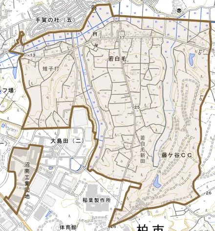 若白毛とその周辺の地図。町の範囲を重ねている