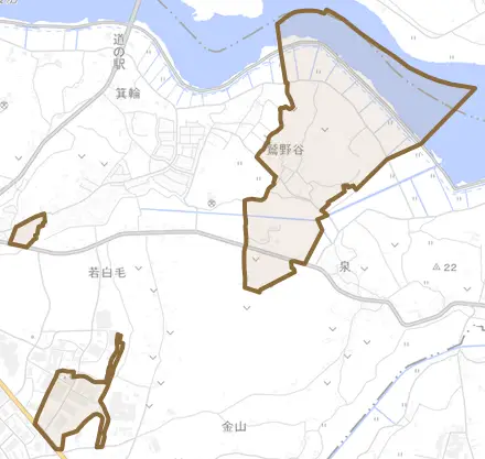 鷲野谷とその周辺の地図。町の範囲を重ねている
