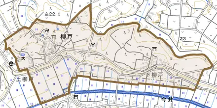 柳戸とその周辺の地図。町の範囲を重ねている