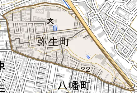 弥生町とその周辺の地図。町の範囲を重ねている