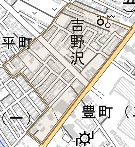 吉野沢とその周辺の地図。町の範囲を重ねている